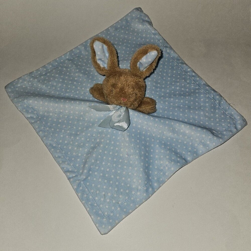 Blue White Polka Dots Brown Bunny Rabbit Rattle Lovey Plush MTY Baby Toy READ